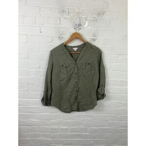 J. Jill Women's V-Neck Button Down Blouse Top Long Sleeve Olive Green Size XS